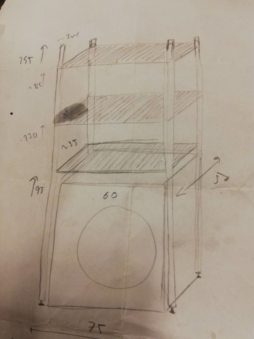 Handritad skiss av en golvstående badrumshylla anpassad för att passa runt en tvättmaskin.