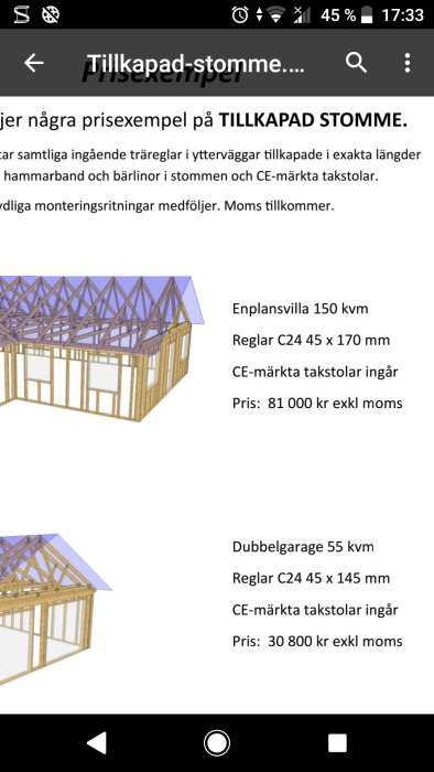 Digital illustration av en färdigkapad stomsats för en enplansvilla och ett dubbelgarage med prisinformation.