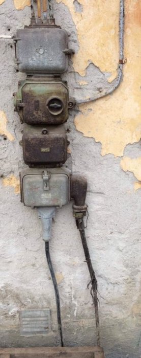 Äldre elinstallation med flera på varandra monterade metallådor och utstickande kablar på en sliten vägg.