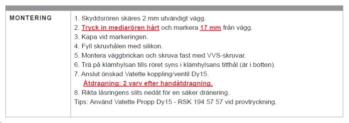 Monteringsinstruktioner för väggbrickor med fokus på att trycka in mediarören hårt och markera 17 mm från vägg.