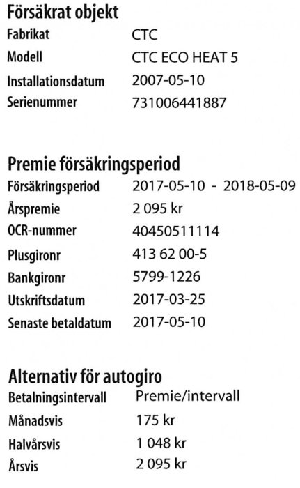 Dokument med detaljer om försäkring för en värmepump, inkluderar datum och priser.