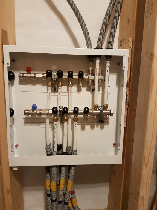 Ett nyinstallerat fördelarskåp för tappvatten monterat på en vägg, omgivet av träreglar, med märkta rör och inkopplingsplatser.