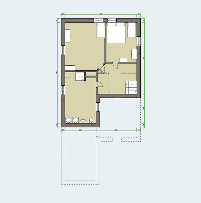 Planritning av ett övre plan i ett hus, visar placering av rum inklusive trappen upp till vinden och murstockens position.