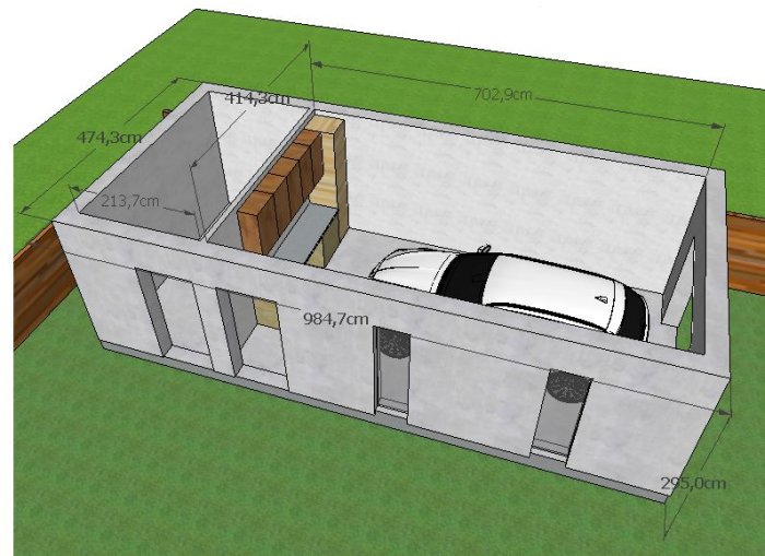 3D-modell av planerat garage med mått, innehåller bil och förrådsutrymme.