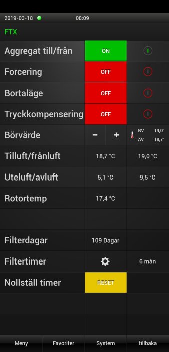 Skärmdump av en app för husets ventilationssystem med statusindikatorer och temperaturinställningar.