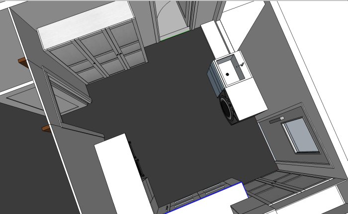 3D-skiss av ett tvättstugeutrymme med tvättmaskin och skåp, samt markerad plats för unidrain.