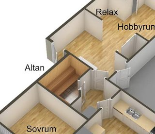 3D-planlösning av hus med markerade tvättstugans placering i relation till bastu och övriga rum.