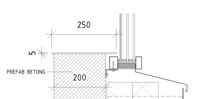 Teknisk ritning av principdetalj för fönsterbänk med måttangivelser på en betongkonstruktion.