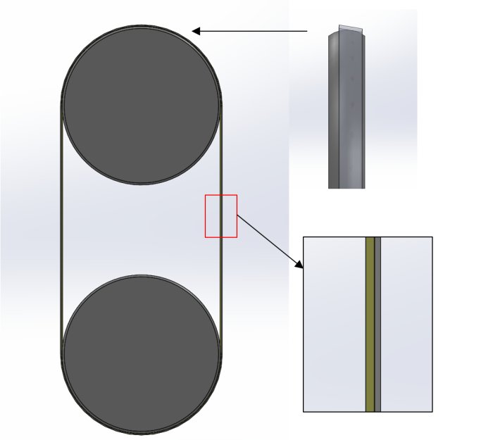 CAD-skiss av sågblad på bandsåg med felaktig positionering som drar åt vänster.