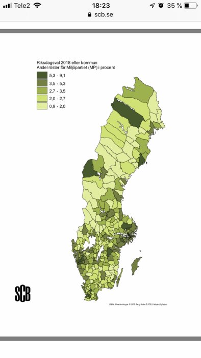 Karta över Sverige som visar procentandel röster på Miljöpartiet per kommun i riksdagsvalet 2018.