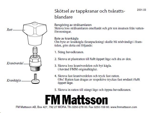 Illustration av skötselanvisningar för tappkran inklusive komponenter som ratten och kranöverdel från FM Mattsson.