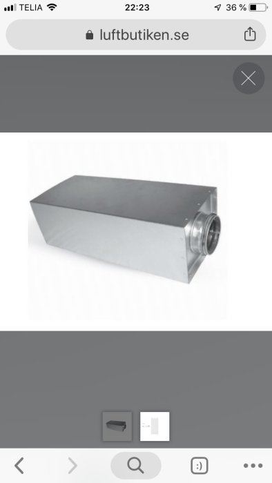 Rektangulär metallisk luftdämpare för ventilationssystem, visad i en onlinebutiks gränssnitt.