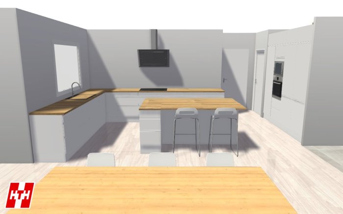 3D-ritning av ett kök utan överskåp med träbänkskivor, vita lådor och integrerade vitvaror.