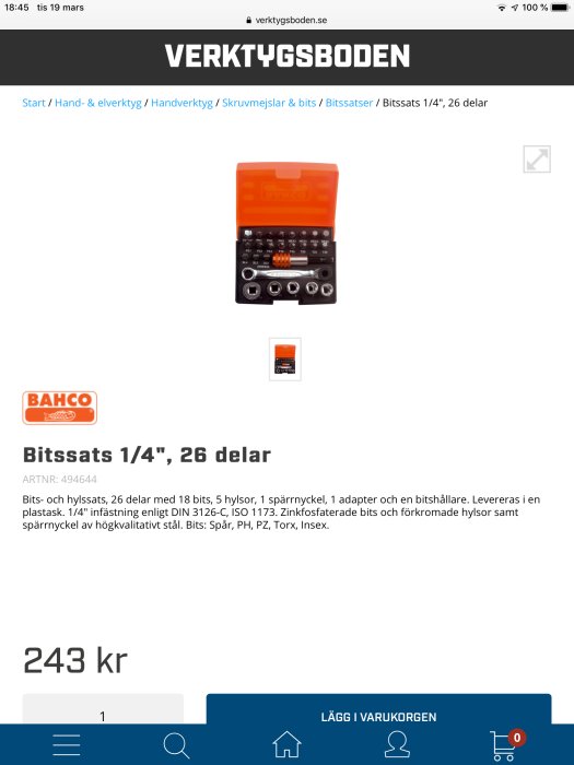 Bahco bitsats med 26 delar inklusive spärrnyckel, adapter och olika bits, presenterad i orange och svart förpackning.