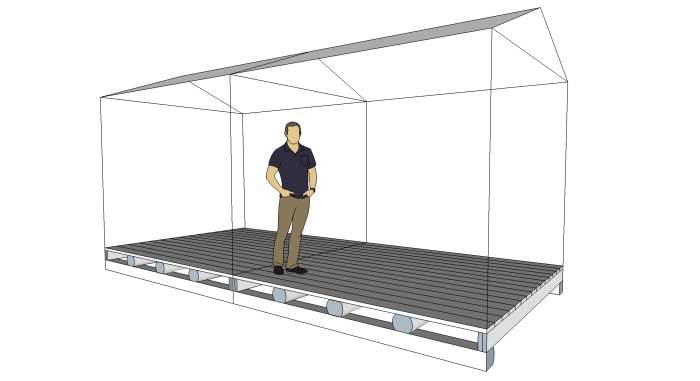 3D-modell av ett pågående byggprojekt som visar en person stående på en nybyggd plintgrund och bjälklag.