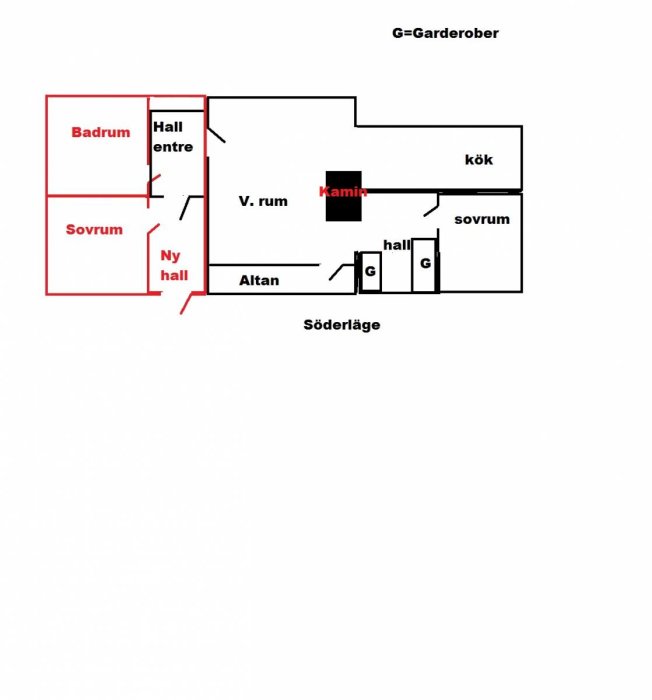 Ritning av en stuga med befintlig layout och planerad utbyggnad markerad i rött, innefattande kök och vardagsrum.