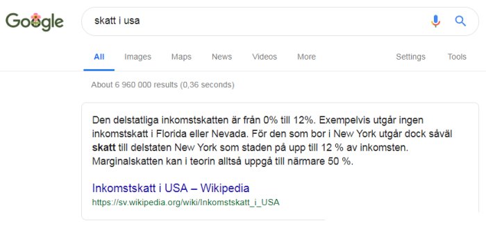 Skärmdump av Google-sökning om inkomstskatt i USA med Wikipedia-resultat och statistik.