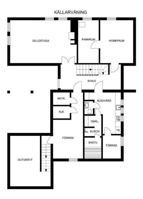 Ritning av källarvåning med markerad sval, gillestuga, pannrum, hobbyrum och diverse förvaringsutrymmen.