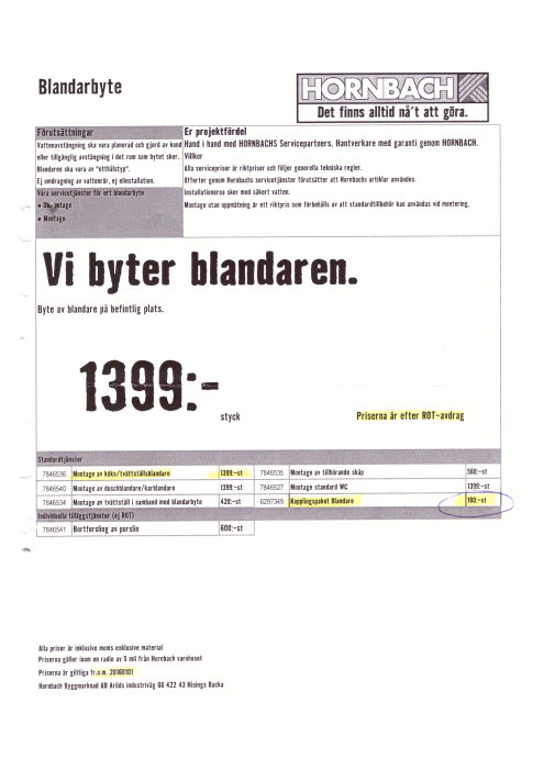 Reklamblad för tjänsten "Blandarbyte" med texten "Vi byter blandaren" och priset 1399 kr efter ROT-avdrag markerat.