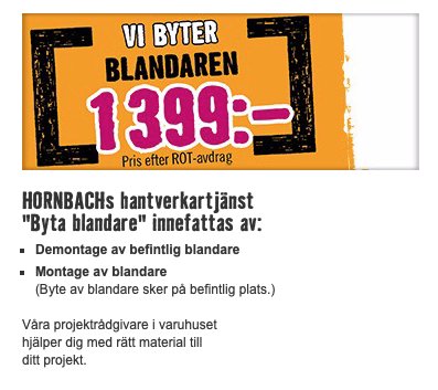 Hornbachs reklam för hantverkartjänst "Vi byter blandaren" med pris och tjänster listade.