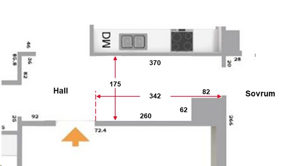 Ritning av en lägenhets planlösning visande tänkt plats för ny klädkammare mellan hall och sovrum.