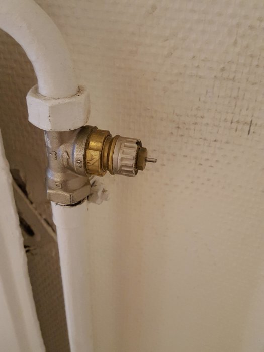 Vattenburet radiator-element med avtagen termostat nära en vägg i hörnet av ett rum.