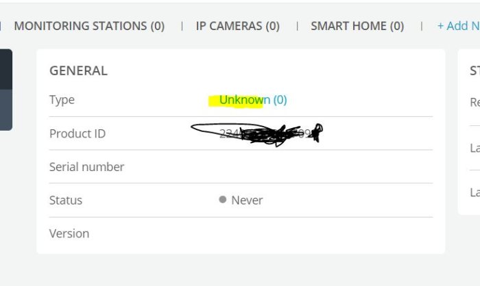 Skärmdump av användargränssnitt för panel-ID registrering, markerar status 'Unknown' med suddig produkt-ID.