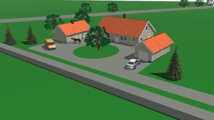 3D-modell av en villa med garage, träd och bilar, visar nybyggnadskartans design.