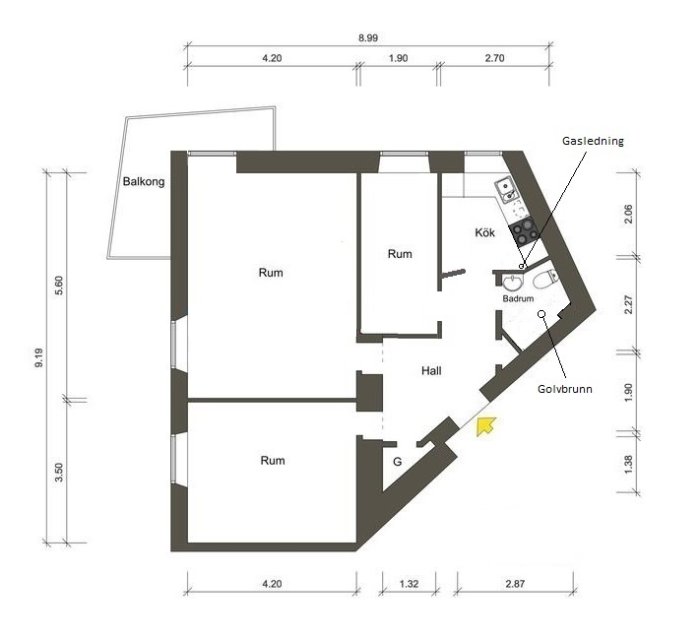 Planlösning av en lägenhet med indikationer på rum, balkong, kök, badrum med golvbrunn och gasledning, inför renovering.