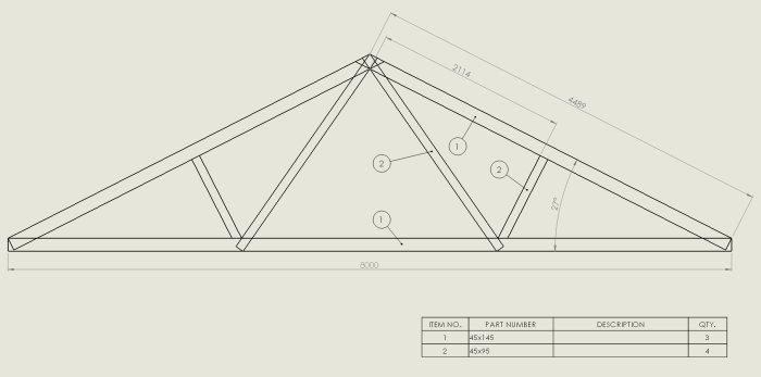 CAD-ritning av en takstol med måttangivelser och delbeskrivning för byggprojekt.