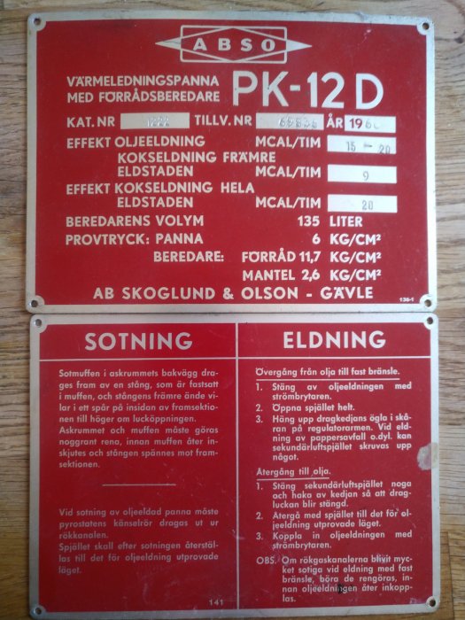 Gammal instruktionsplåt för värmepanna med text och instruktioner på svenska, monterad på en vägg.