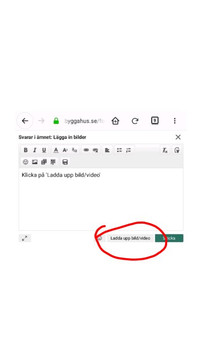 Skärmdump av en forumeditor med instruktioner för att ladda upp bilder och en markerad 'Ladda upp bild/video'-knapp.