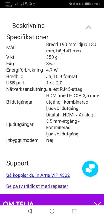 Skärmdump av Telias Arris 4302 manual som visar specifikationer för enheten.