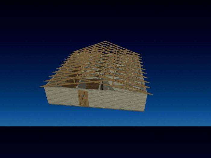 3D-CAD-modell av en trästomme till ett hus med synligt takstolssystem mot en mörkblå bakgrund.