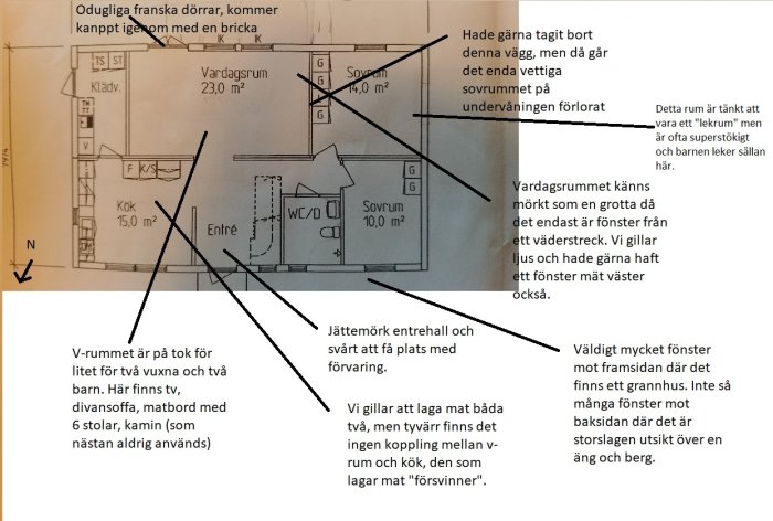 Ritning av hus med anteckningar som framhäver problem med utrymme och belysning för en familj på fyra.