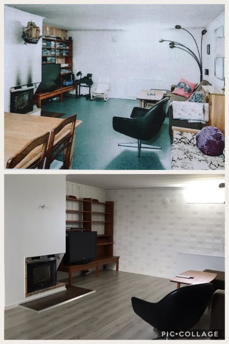 Före-och-efter-renovering av vardagsrum: gammal interiör med blå matta och efter med modernt grått golv och vita väggar.