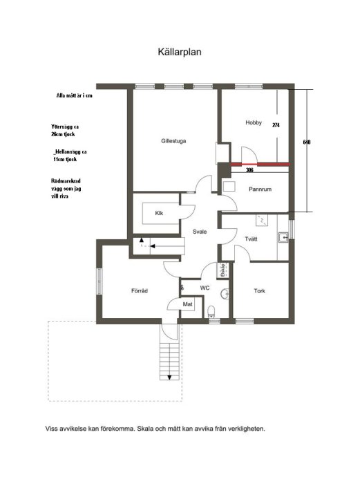 Ritning av källarplan med markerad vägg mellan pannrum och hobbyrum som användaren överväger att riva.