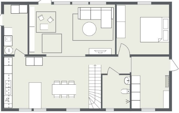 Planritning över en bottenvåning med omarrangerade rum för ökad förvaring, större hall och öppet kök/vardagsrum.