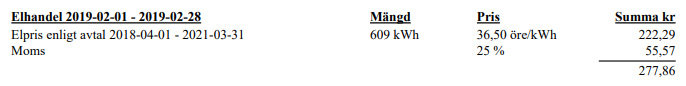 Skärmdump av elräkning som visar elhandel för perioden 2019-02-01 till 2019-02-28 med en kostnad av 45,625 öre/kWh.