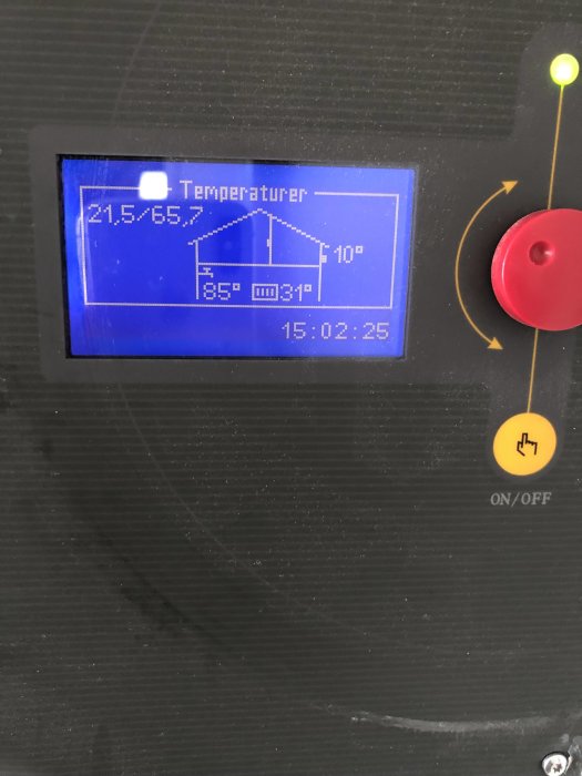 Display på elpanna som visar temperaturer med felet "överhettningsskydd slagit till".