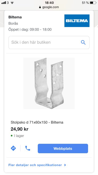 Stolpesko fra Biltema, model d 71x60x150, vist på en webside med pris og lagerstatus. Bruges til at støtte stolper.
