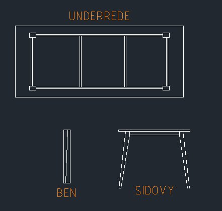 Skiss av underrede och ben till matbord i sidovy och översikt.