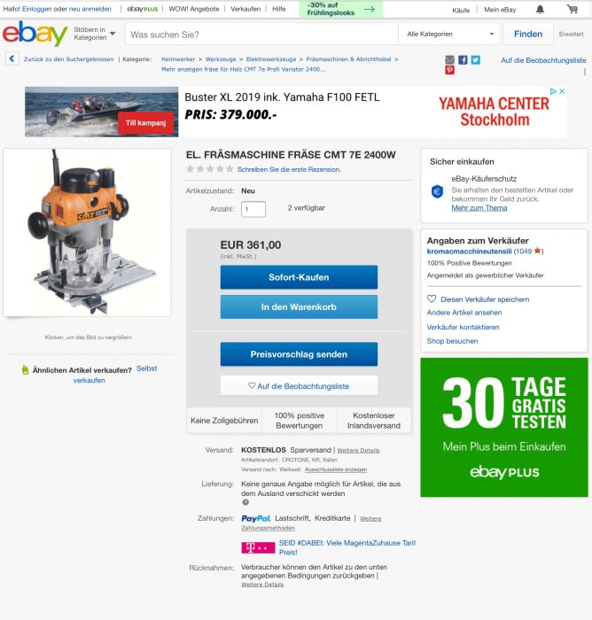 Skärmdump av en Ebay-annons för en orange fräsmaskin CMT TE 2400W med priset EUR 361,00.