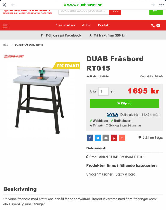 DUAB fräsbord RT015 på bild, ett komplett bord för fräsarbeten, mot vit bakgrund.
