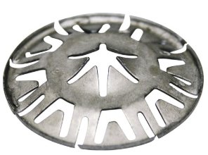 Metallisk spärrbricka för axel på släpkärra, med utskärningar och stjärnformad mittdel.
