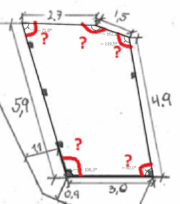 Ritad skiss med uppmätta vinklar och dimensioner i ett byggprojekt skapat i SketchUp.
