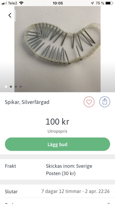 Halvt band med silverfärgade gipsskruvar mot vit bakgrund till salu för 100 kr.