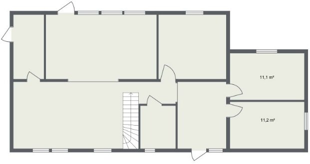 Arkitektritning av en våningsplanslösning med två barnrum och trapp till övervåningen.