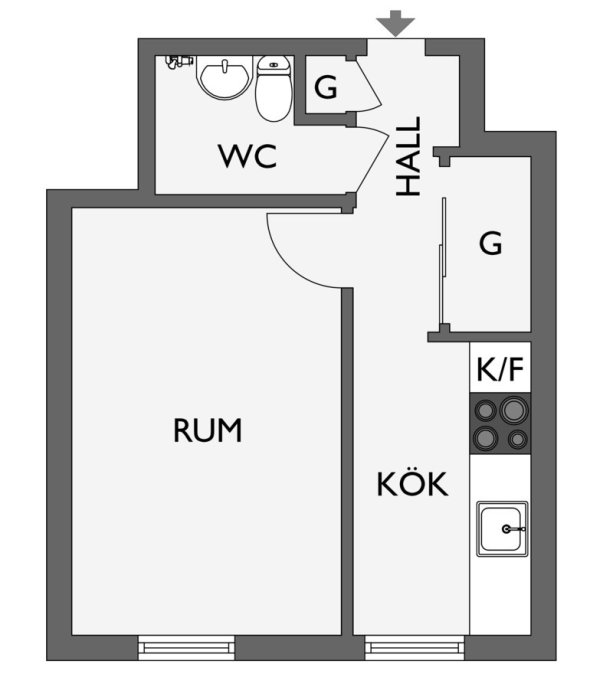 Planritning av en etta med indikationer på kök, badrum och vardagsrum för ombyggnad till en tvåa.