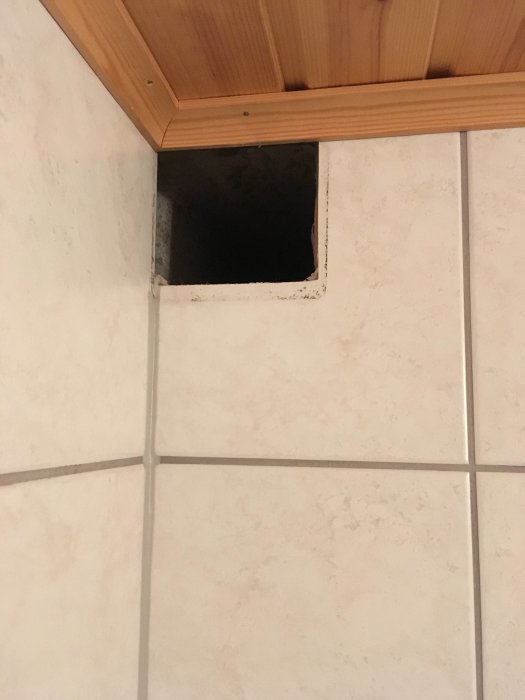 Ett litet rektangulärt ventilationshål i ett kaklat badrumstak bredvid en träpanel.